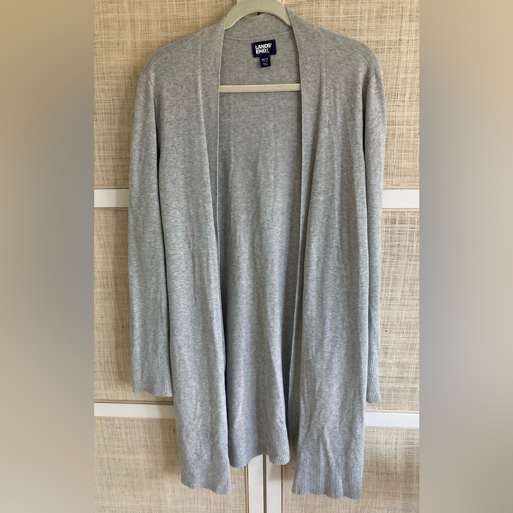 Lands' End Women's Gray Open Cardigan Sweater Cotton Medium Tall MT